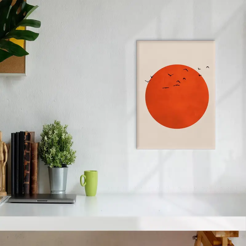 Minimal Canvas Art, Japanese Wall Decor, Orange Canvas Art, Boho Wall Hanging, Trendy Canvas Decor, Birds Artwork, Abstract Art Decor, - 2
