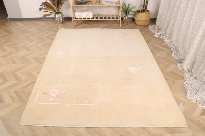 5.4x7.6 ft Rug, Turkish Oushak Rug, Vintage Beige Wool Striped Rug - 1