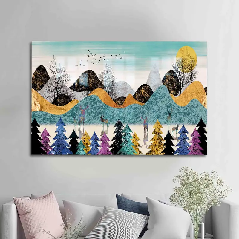 Vidrio impreso elegante: paisaje abstracto de montaña y bosque