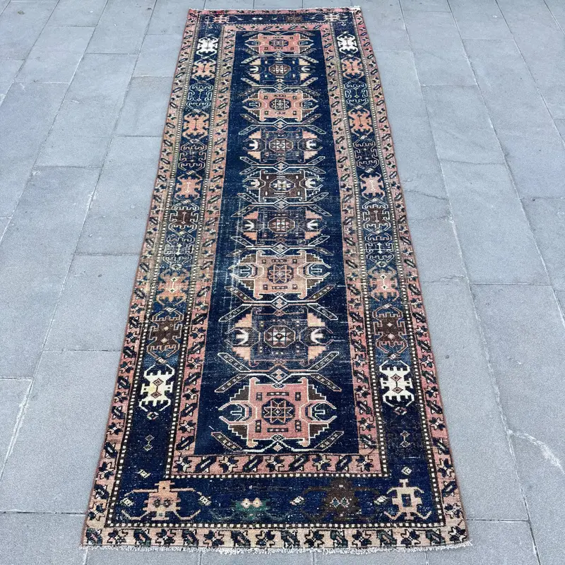 Turkish Vintage Rug 3.5x9.8 ft (106x299 cm), Oushak Blue Brown Polka dot Rug - 1