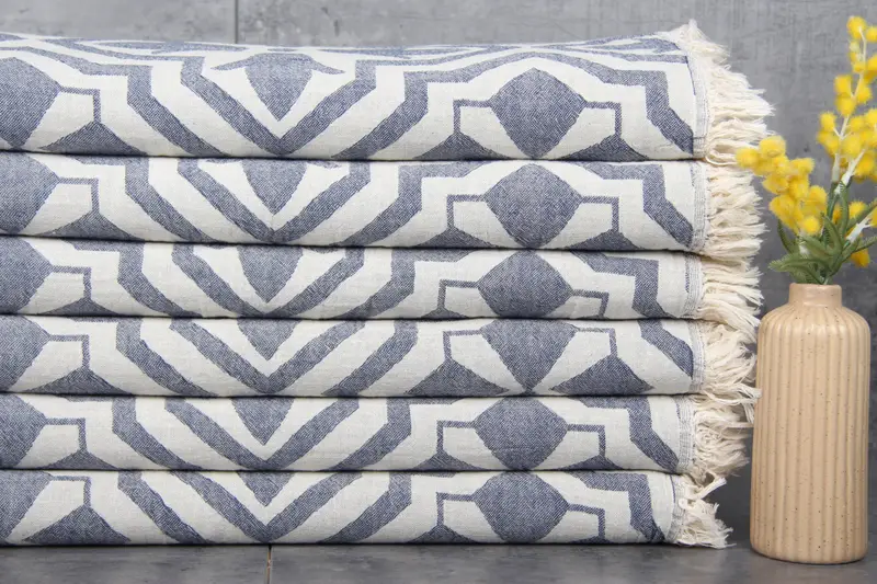 Handwoven Dish Towel Navy Tulip Pattern, 24x40 Inches, Organic Cotton