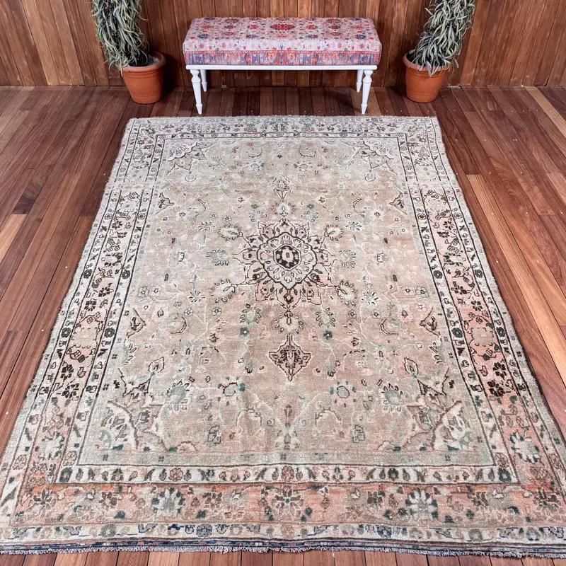 6.2x9 ft Large Turkish Rug, Brown Floral Vintage Rug - 1