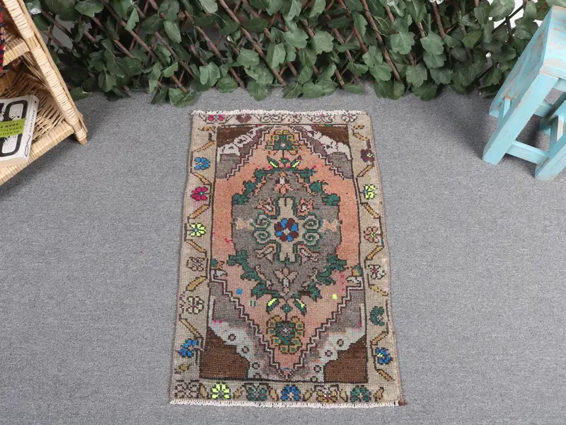 Orange Green Striped Rug, 1,6x2,5 ft Geometric Design