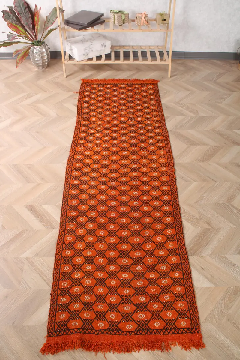 2,5x7,9 ft türkischer Vintage-Teppich, Läuferteppich, Kelim-Orange-Wollteppich - 1