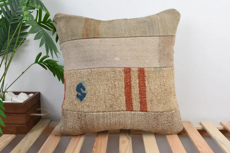 Christmas Pillow, Ethnical Kilim Rug Pillow, 20x20 Beige Pillow Case, Turkish Kilim Pillow, Pillow Sham, Vintage Kilim Pillow - 1