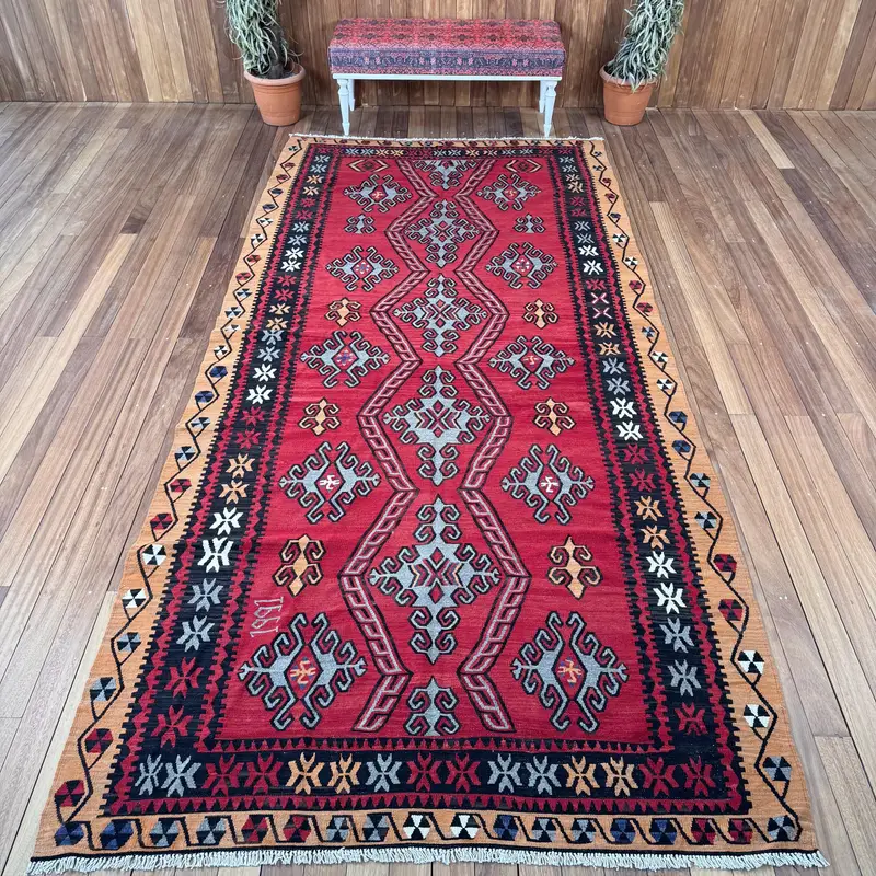 Oushak Vintage Rug, 5.7x12.2 ft Turkish Rug, Red Moroccan Wool Rug - 1