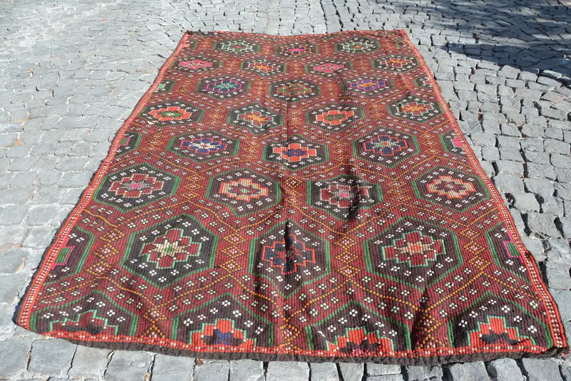6.6x10.6 ft Rug, Turkish Kilim Rug, Vintage Red Wool Ikat Rug - 1