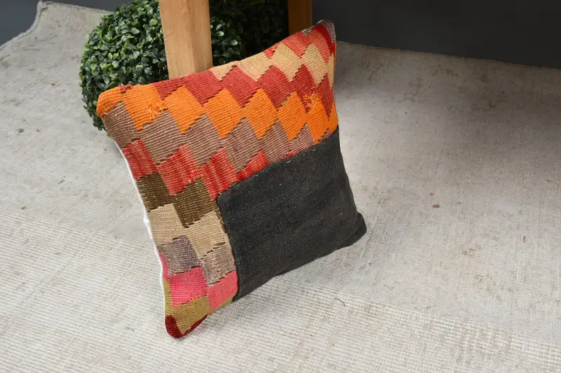 Cushion, Turkish Pillow, Bed Pillow Case, Home Decor Pillow, Antique Pillows, Morroccon Kilim Cushion Pillow Case, 12x12 Orange Pillow Sham - 7