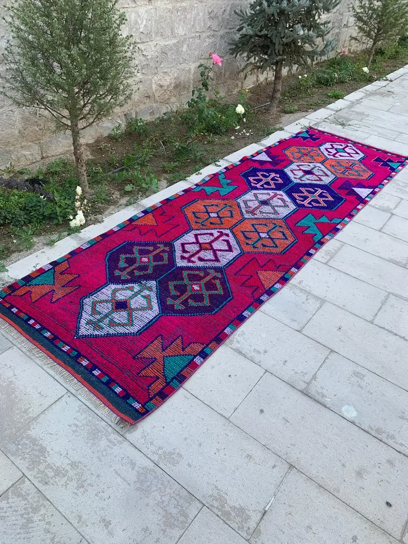 Vintage Turkish Runner Rug 3.4x11.6 ft, Red Blue Plants & trees Wool Rug - 1
