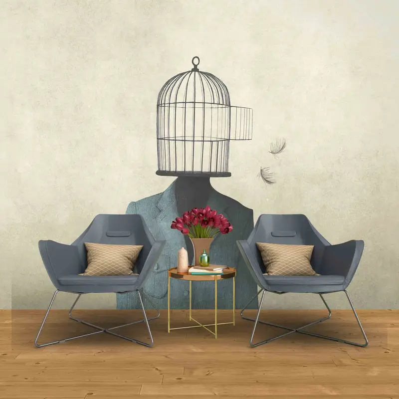 Man With Open Birdcage Over His Head Digital Paper, Birdcage Paper Craft, Surreal Wall Mural, Modern Wall Painting, 3D Paper Wall Art, - 5