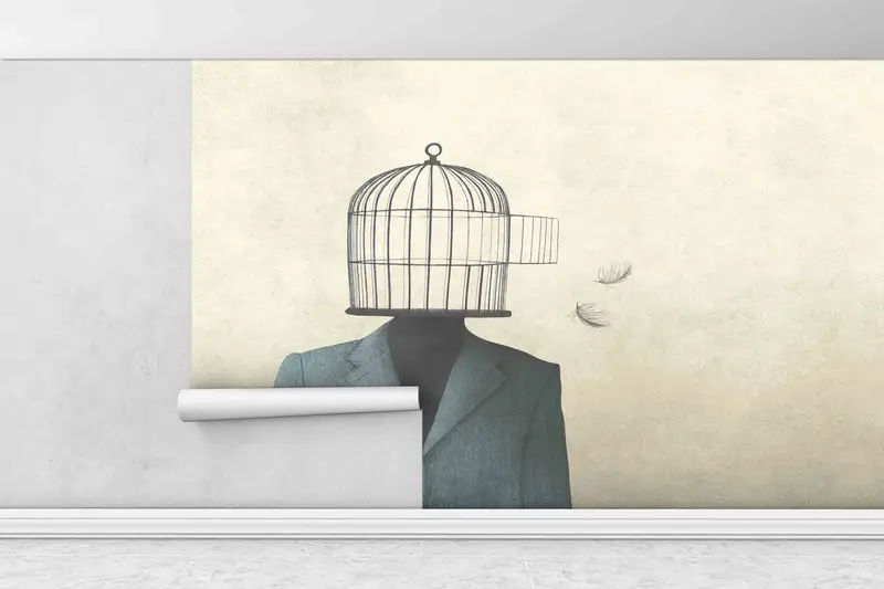 Man With Open Birdcage Over His Head Digital Paper, Birdcage Paper Craft, Surreal Wall Mural, Modern Wall Painting, 3D Paper Wall Art, - 1