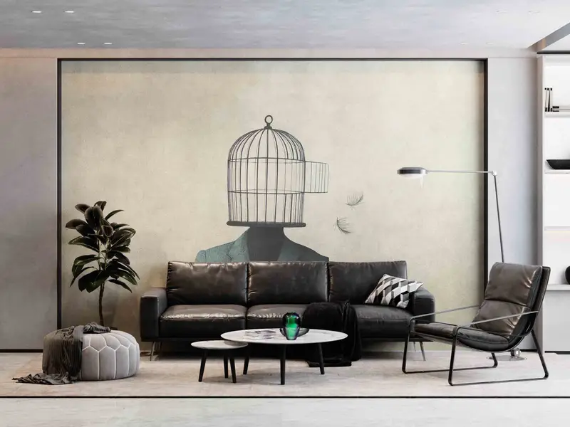 Man With Open Birdcage Over His Head Digital Paper, Birdcage Paper Craft, Surreal Wall Mural, Modern Wall Painting, 3D Paper Wall Art, - 3