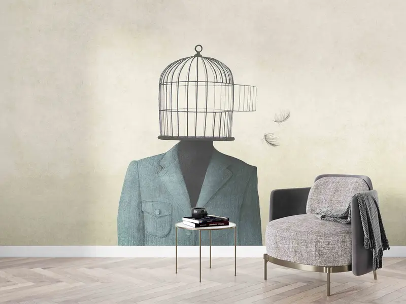 Man With Open Birdcage Over His Head Digital Paper, Birdcage Paper Craft, Surreal Wall Mural, Modern Wall Painting, 3D Paper Wall Art, - 2
