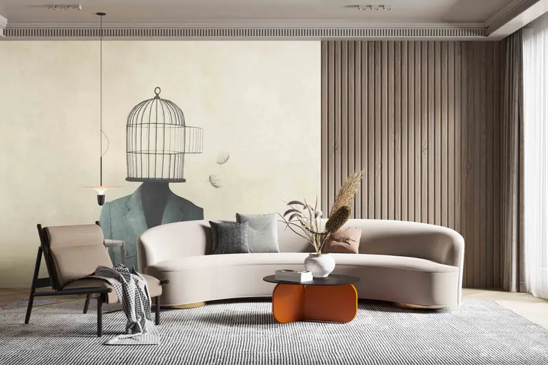 Man With Open Birdcage Over His Head Digital Paper, Birdcage Paper Craft, Surreal Wall Mural, Modern Wall Painting, 3D Paper Wall Art, - 4