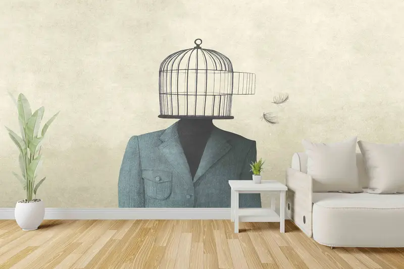 Man With Open Birdcage Over His Head Digital Paper, Birdcage Paper Craft, Surreal Wall Mural, Modern Wall Painting, 3D Paper Wall Art, - 7