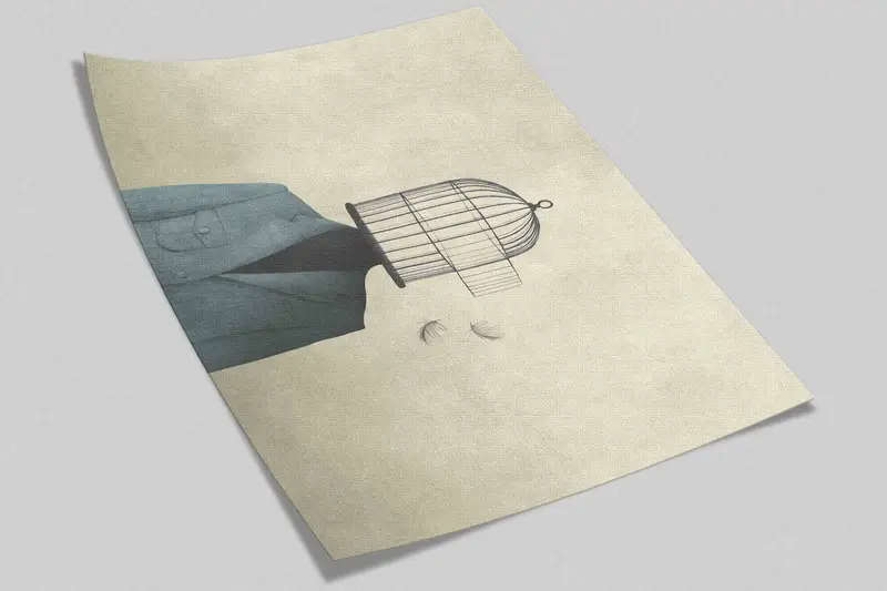 Man With Open Birdcage Over His Head Digital Paper, Birdcage Paper Craft, Surreal Wall Mural, Modern Wall Painting, 3D Paper Wall Art, - 8