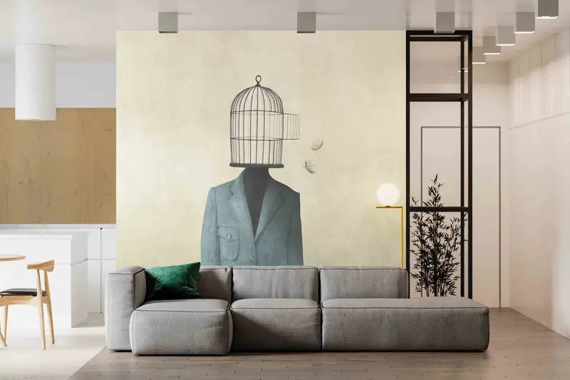 Man With Open Birdcage Over His Head Digital Paper, Birdcage Paper Craft, Surreal Wall Mural, Modern Wall Painting, 3D Paper Wall Art, - 6