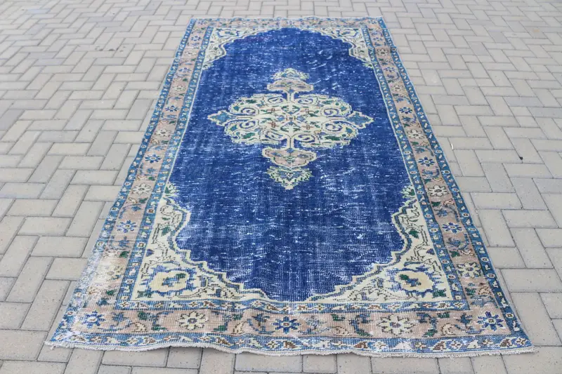 Vintage Halı, Büyük 4,7x8,6 ft Halı, Oushak Mavi Kamuflaj Halı - 1