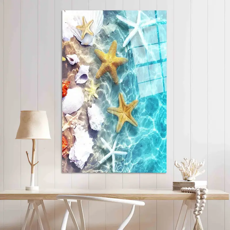 Bedruckte Leinwandkunst mit tropischem Seestern und blauem Meerblick