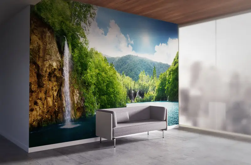 Ev Dekorasyonu için Zarif Baskılı Şelale Orman Manzaralı Duvar Kağıdı