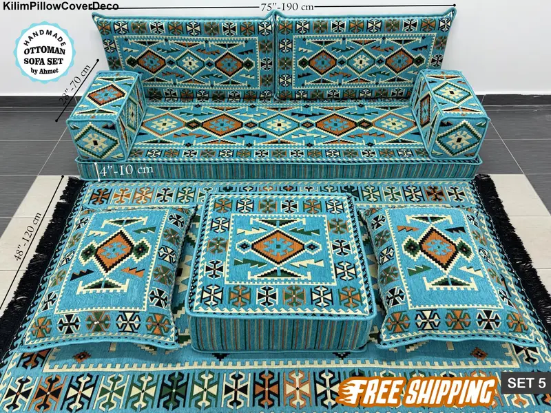 キリム風長方形プーフ、ブルー & ブラック ウール オットマン