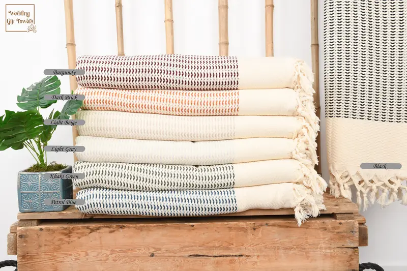 Woven Turkish Cotton Throw Blanket Striped Beige, 75x89 Inches