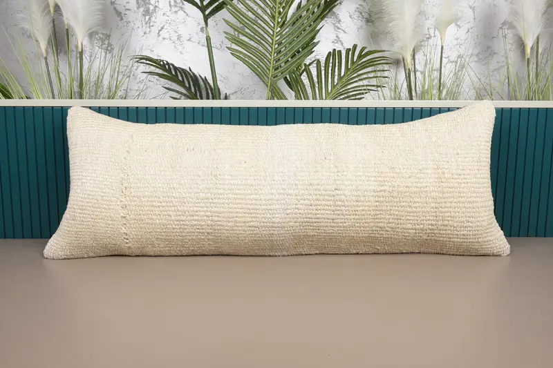 Funda de almohada de lana de tiro, funda de cojín crema marroquí de 16x42 pulgadas - 1