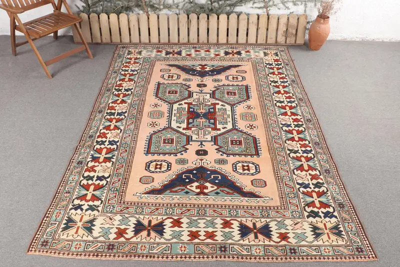 Handmade Blue Rug, 6.3x8.3 ft Bordered Design