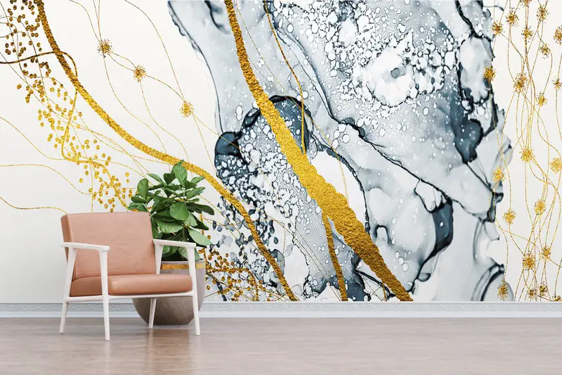 Papel pintado elegante con estampado de mármol dorado: decoración contemporánea de lujo