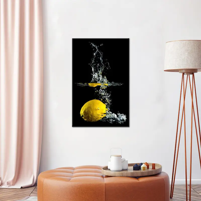 Elegante, mit Küchenspritzern bedruckte Leinwandkunst in Gelb und Schwarz