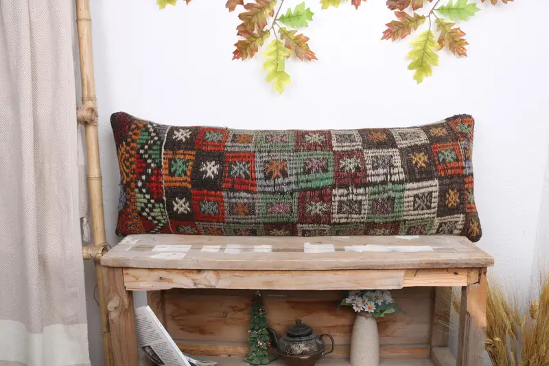 Geometric Green & Orange Pillow, 12x36 Handmade Throw Pillow