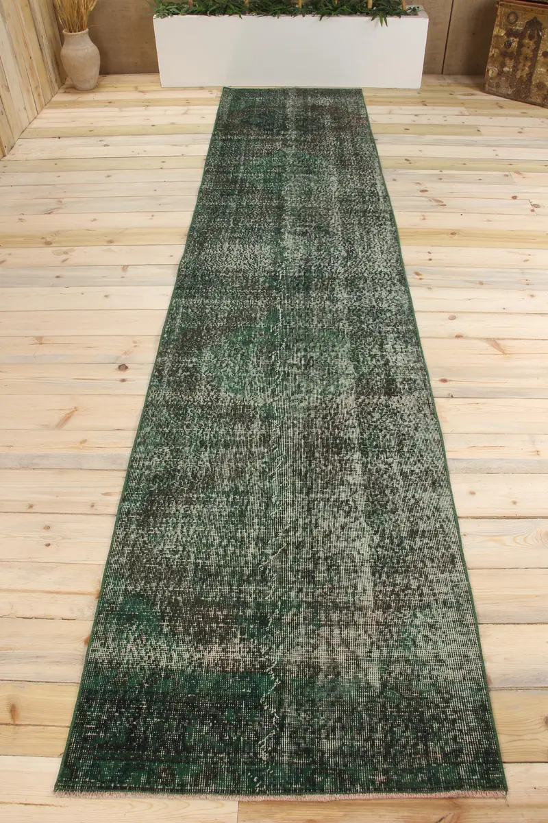 Handmade Green Persian Rug, 2,2x12,2 ft Elegant Decor