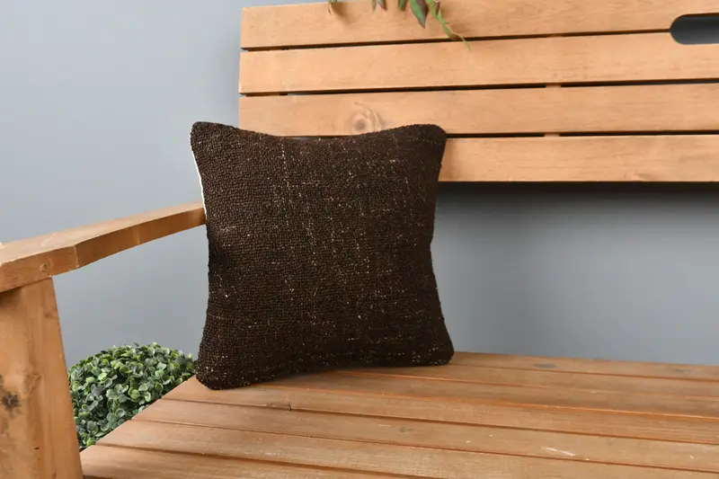 Pillow Case, Antique Pillows, Vintage Pillow, Seat Cushion Cover, Turkish Kilim Pillow, Outdoor Bolster Cushion, 12x12 Brown Cushion Case - 1