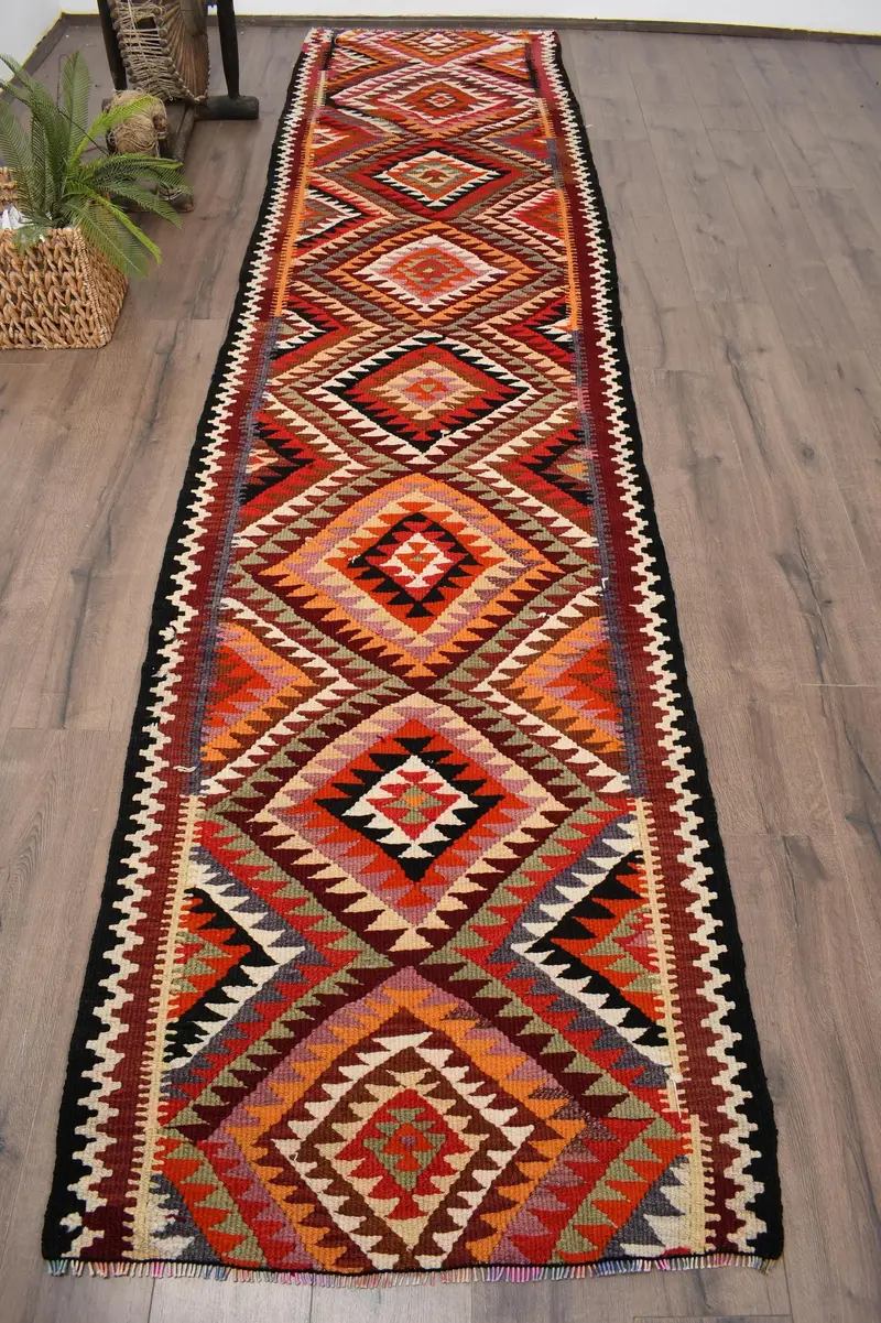 Türk Kilim Yolluk Halısı 3x12,7 ft (92x388 cm), Vintage Kırmızı İkat Halı - 1