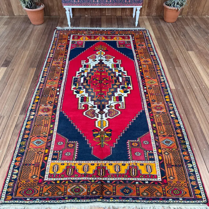 Turkish Oushak Rug 5x8.8 ft (152x268 cm), Red Plants & trees Vintage Rug - 1