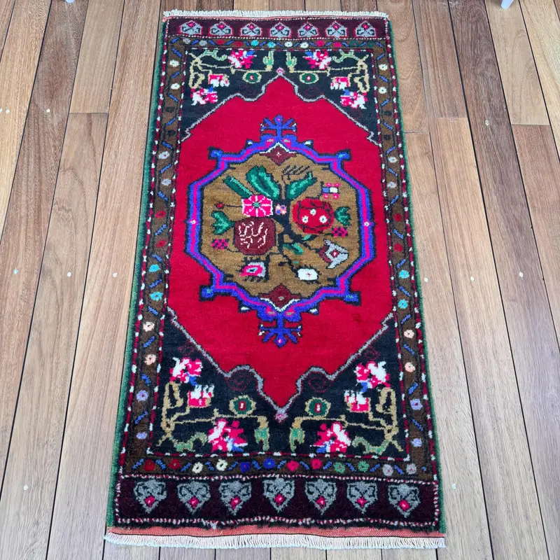 Turkish Small Rug 1.9x3.7 ft, Red Blue Rug Wool - 1