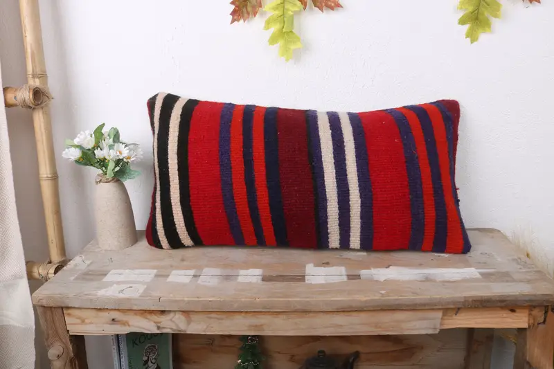 Toss Cushion Cover, Vintage Pillow, Home Decor Pillow, Handmade Rug Seat Cushion, Vintage Kilim Throw Pillow, 12x24 Orange Pillow Case, Pillow Sham - 1