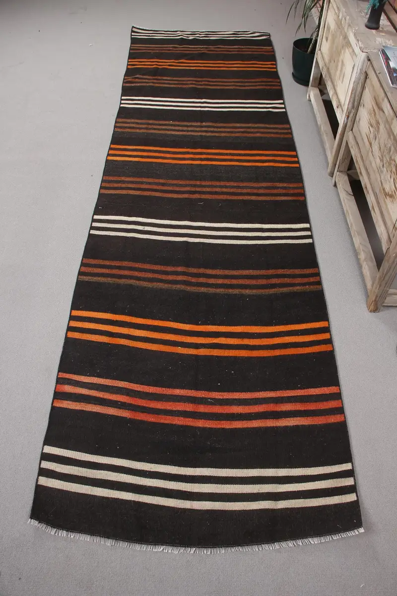 Black Southwestern Rug, 3,1x11 ft with Orange Accents