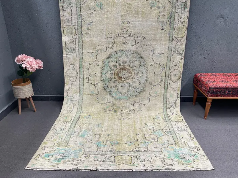 Vintage 5x9.4 ft Rug, Large Turkish Rug, Green Blue Moroccan Wool Rug - 1