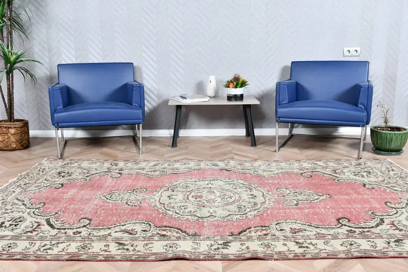 Vintage Türk Büyük Halı 5.1x9 ft, Kırmızı Beyaz Çiçekli Halı - 1