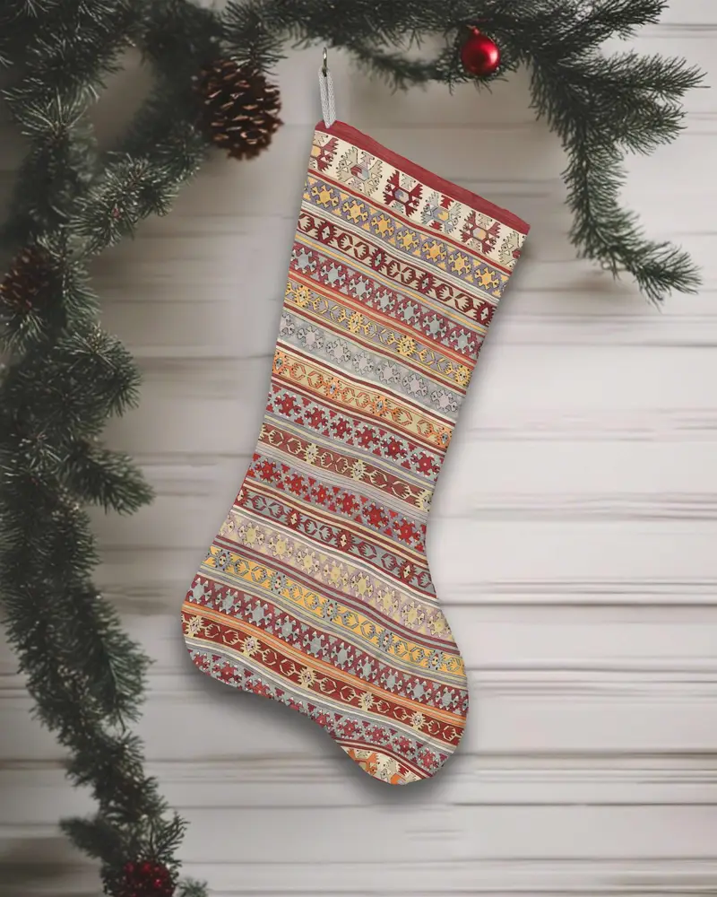 12 Inch Wide Red Christmas Stocking, Green Ornaments Pattern Stocking