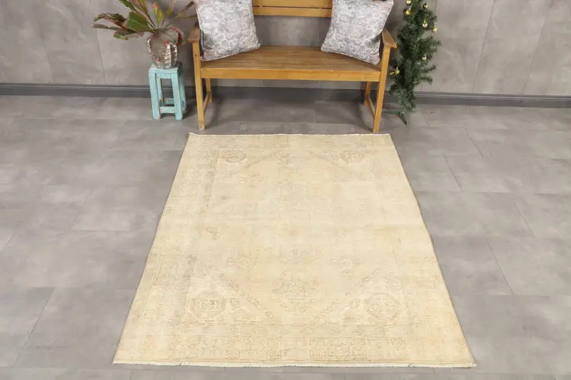 4.6x5.9 ft Turkish Rug, Vintage Area Rug, Beige Blue Bordered Rug - 1
