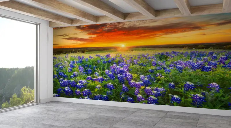 風景の壁の装飾、山の風景の壁のデカール、ブルーボンネット壁の装飾、花の壁のデカール、コンタクトペーパー、ビニールの壁紙、 - 3