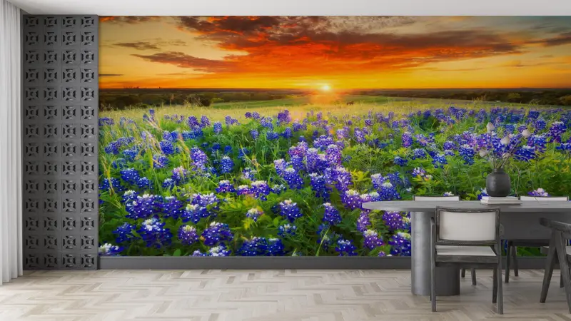 風景の壁の装飾、山の風景の壁のデカール、ブルーボンネット壁の装飾、花の壁のデカール、コンタクトペーパー、ビニールの壁紙、 - 2