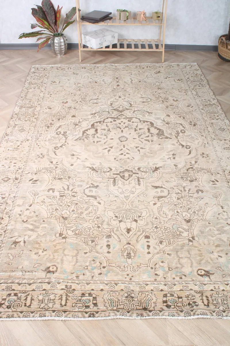 6,7x10,3 ft türkischer Teppich, Oushak-Teppich, braun gestreifte Teppichwolle - 1