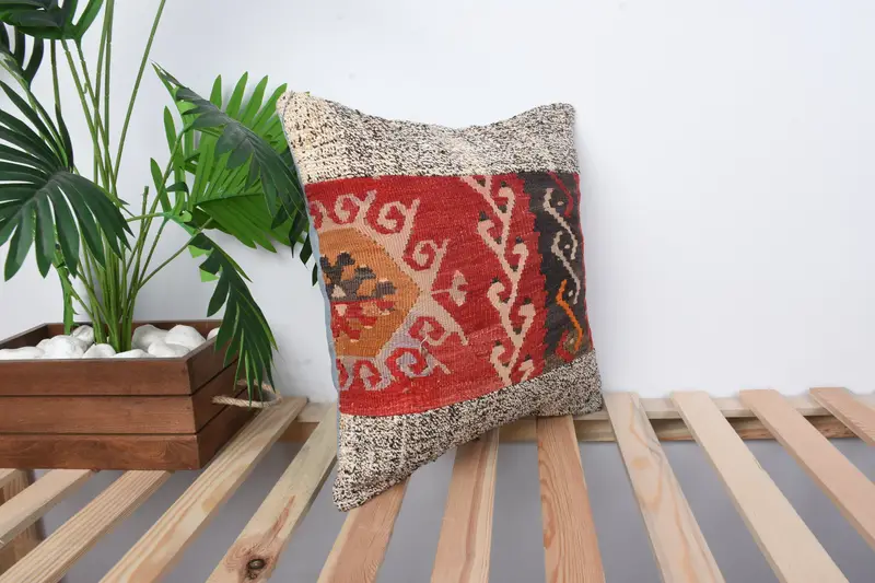 Pillow Case, Ethnical Kilim Rug Pillow, Handmade Kilim Cushion, Vintage Pillow, Rustic Cushion, 16x16 Red Cushion Cover, Bolster Pillow Cover - 4