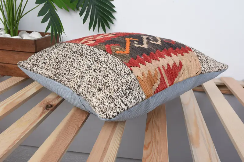 Pillow Case, Ethnical Kilim Rug Pillow, Handmade Kilim Cushion, Vintage Pillow, Rustic Cushion, 16x16 Red Cushion Cover, Bolster Pillow Cover - 6