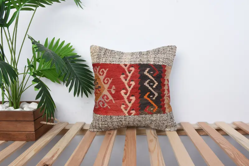 Pillow Case, Ethnical Kilim Rug Pillow, Handmade Kilim Cushion, Vintage Pillow, Rustic Cushion, 16x16 Red Cushion Cover, Bolster Pillow Cover - 1