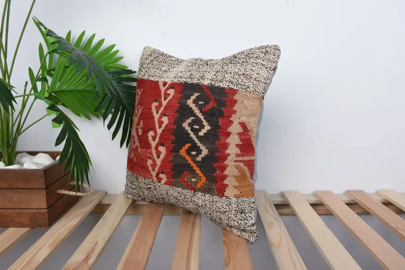 Pillow Case, Ethnical Kilim Rug Pillow, Handmade Kilim Cushion, Vintage Pillow, Rustic Cushion, 16x16 Red Cushion Cover, Bolster Pillow Cover - 5