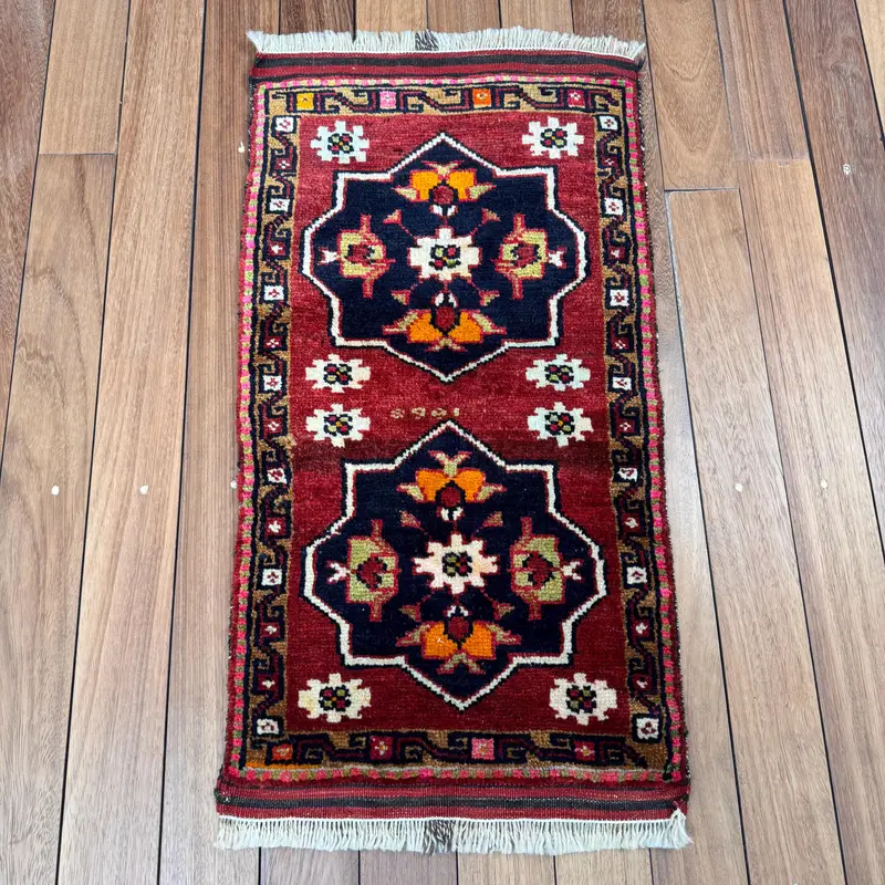 1.4x2.9 ft Small Vintage Turkish Rug, Red Solid Wool Rug - 1